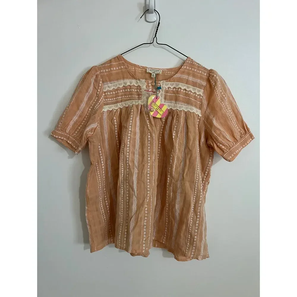 Hayden Girls NWT‎ Boho Blouse Size XL Peach Pink Stripe Lace Trim Peasant Top
